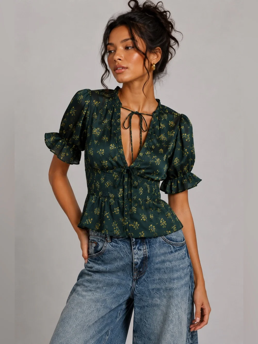 FREE PEOPLE Y2K Dark Green Floral Tie-Front Satin Peplum Deep V-Neck Blouse